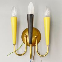 Dreiflammige Wandlampe Messing Gelb Schwarz 1950er Mid-Century Vintage
