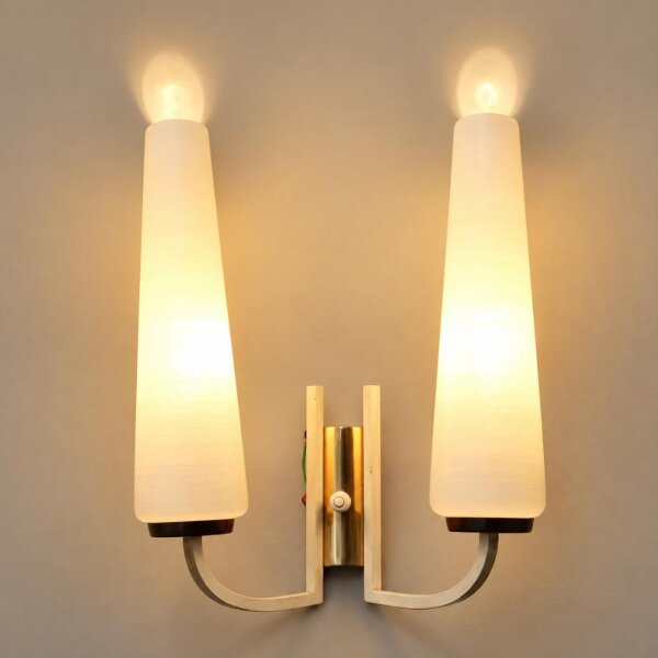Skandinavische zweiflammige Wandlampe Messing Opalglas 1960er Mid-Century Vintage