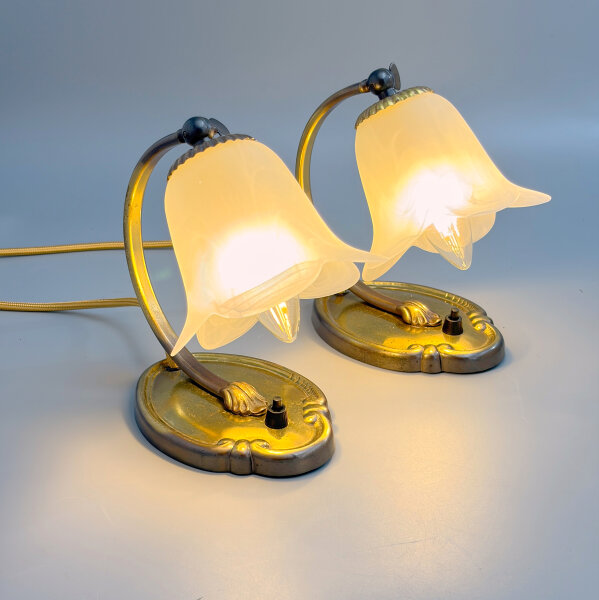 Paar Vintage Tischleuchten aus Messing und Glas mit E14-Fassung – goldfarbenes Textilkabel