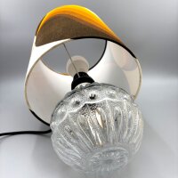 Tischlampe 1970er mit beleuchtetem Pressglasfuß & Retro-Stoffschirm – E14/E27 – Mid-Century Vintage