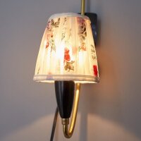 Wandlampe 1950er Messing Schwarz mit floralem Stoffschirm – Mid-Century Vintage